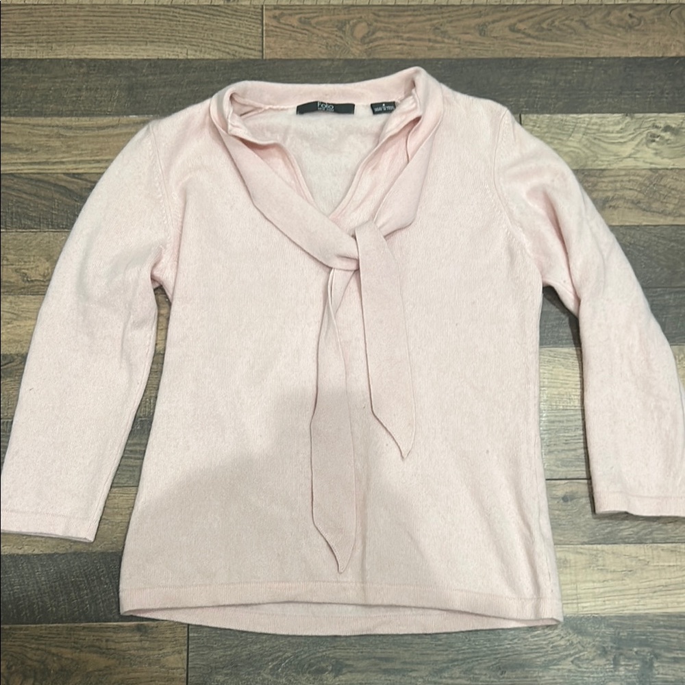 Vintage Folio 100% Cashmere Light Pink Sweater Coquette with Tie Neck Size Small